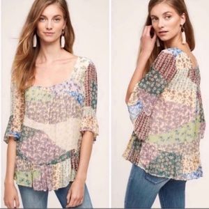 Anthropologie Floreat Patchwork Beaded Peasant Boho Blouse Top Shirt Size XS